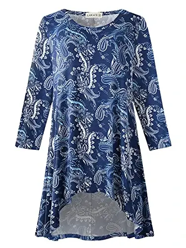 LARACE Womens Plus Size 3/4 Sleeve Loose Fit Flare Swing Tunic Tops Floral High Low Basic T Shirt - 1