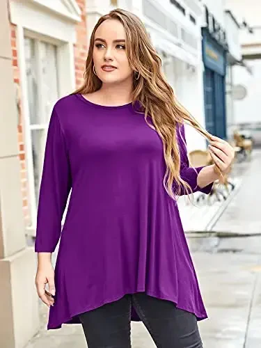 LARACE Womens Plus Size 3/4 Sleeve Loose Fit Flare Swing Tunic Tops Floral High Low Basic T Shirt - 4
