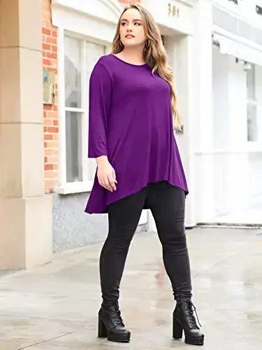 LARACE Womens Plus Size 3/4 Sleeve Loose Fit Flare Swing Tunic Tops Floral High Low Basic T Shirt - 5
