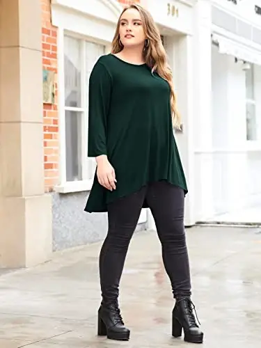 LARACE Womens Plus Size 3/4 Sleeve Loose Fit Flare Swing Tunic Tops Floral High Low Basic T Shirt - 5