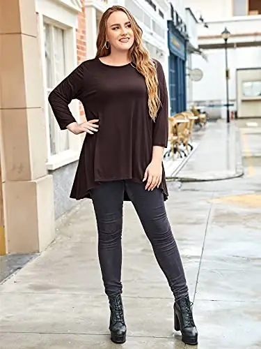 LARACE Womens Plus Size 3/4 Sleeve Loose Fit Flare Swing Tunic Tops Floral High Low Basic T Shirt - 3