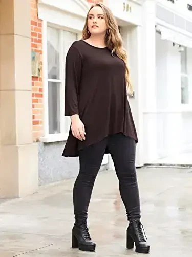 LARACE Womens Plus Size 3/4 Sleeve Loose Fit Flare Swing Tunic Tops Floral High Low Basic T Shirt - 5