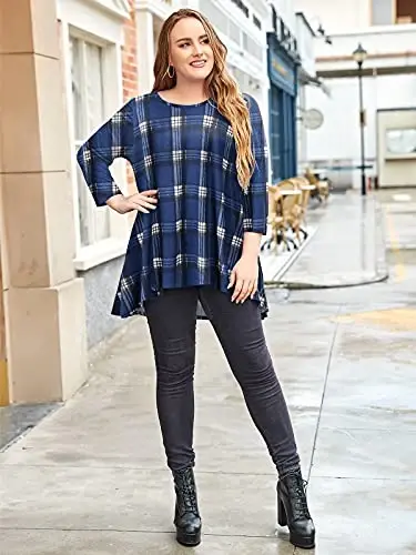 LARACE Womens Plus Size 3/4 Sleeve Loose Fit Flare Swing Tunic Tops Floral High Low Basic T Shirt - 3
