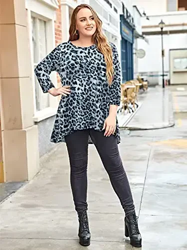 LARACE Womens Plus Size 3/4 Sleeve Loose Fit Flare Swing Tunic Tops Floral High Low Basic T Shirt - 3