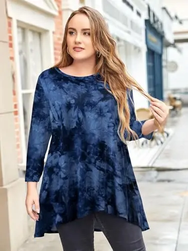 LARACE Womens Plus Size 3/4 Sleeve Loose Fit Flare Swing Tunic Tops Floral High Low Basic T Shirt - 4
