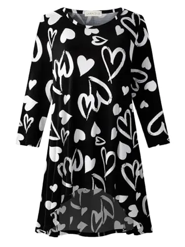 LARACE Womens Plus Size 3/4 Sleeve Loose Fit Flare Swing Tunic Tops Floral High Low Basic T Shirt - 1