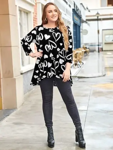 LARACE Womens Plus Size 3/4 Sleeve Loose Fit Flare Swing Tunic Tops Floral High Low Basic T Shirt - 3