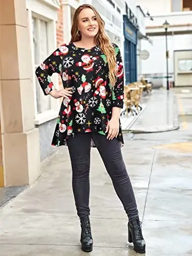 LARACE Womens Plus Size 3/4 Sleeve Loose Fit Flare Swing Tunic Tops Floral High Low Basic T Shirt - 3