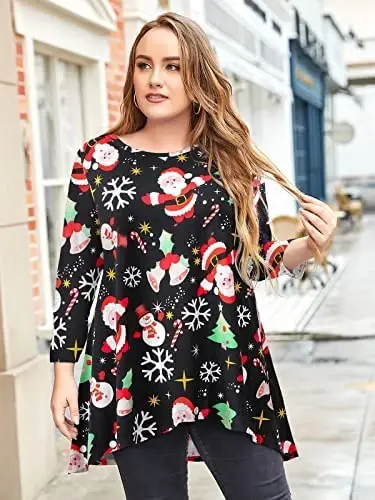 LARACE Womens Plus Size 3/4 Sleeve Loose Fit Flare Swing Tunic Tops Floral High Low Basic T Shirt - 4