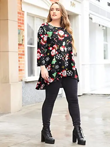 LARACE Womens Plus Size 3/4 Sleeve Loose Fit Flare Swing Tunic Tops Floral High Low Basic T Shirt - 5