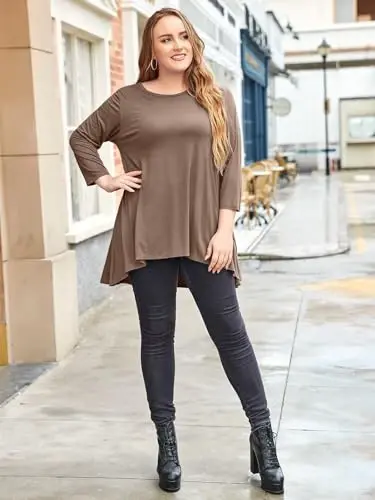 LARACE Womens Plus Size 3/4 Sleeve Loose Fit Flare Swing Tunic Tops Floral High Low Basic T Shirt - 8