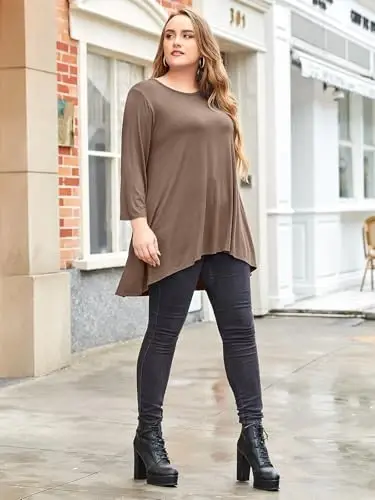 LARACE Womens Plus Size 3/4 Sleeve Loose Fit Flare Swing Tunic Tops Floral High Low Basic T Shirt - 7