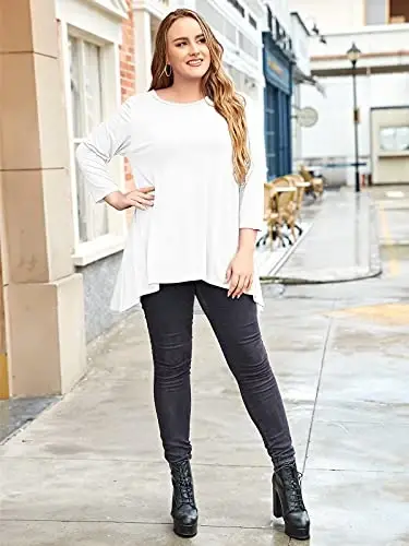 LARACE Womens Plus Size 3/4 Sleeve Loose Fit Flare Swing Tunic Tops Floral High Low Basic T Shirt - 3