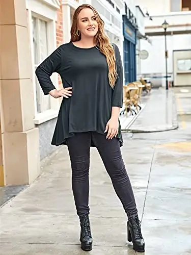 LARACE Womens Plus Size 3/4 Sleeve Loose Fit Flare Swing Tunic Tops Floral High Low Basic T Shirt - 3