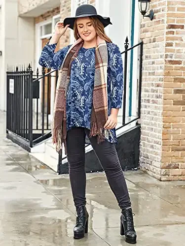 LARACE Womens Plus Size 3/4 Sleeve Loose Fit Flare Swing Tunic Tops Floral High Low Basic T Shirt - 2