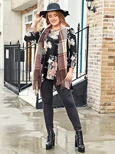 LARACE Womens Plus Size 3/4 Sleeve Loose Fit Flare Swing Tunic Tops Floral High Low Basic T Shirt - 2