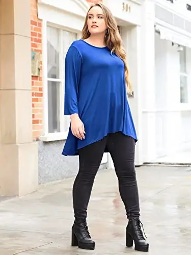 LARACE Womens Plus Size 3/4 Sleeve Loose Fit Flare Swing Tunic Tops Floral High Low Basic T Shirt - 5