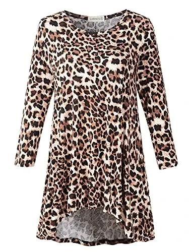 LARACE Womens Plus Size 3/4 Sleeve Loose Fit Flare Swing Tunic Tops Floral High Low Basic T Shirt - 1