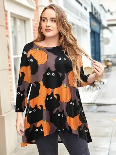 LARACE Womens Plus Size 3/4 Sleeve Loose Fit Flare Swing Tunic Tops Floral High Low Basic T Shirt - 5