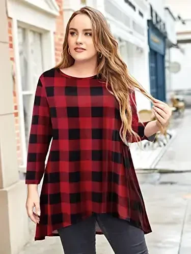 LARACE Womens Plus Size 3/4 Sleeve Loose Fit Flare Swing Tunic Tops Floral High Low Basic T Shirt - 4