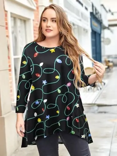 LARACE Womens Plus Size 3/4 Sleeve Loose Fit Flare Swing Tunic Tops Floral High Low Basic T Shirt - 5