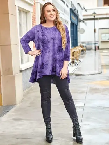 LARACE Womens Plus Size 3/4 Sleeve Loose Fit Flare Swing Tunic Tops Floral High Low Basic T Shirt - 3