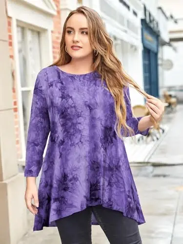 LARACE Womens Plus Size 3/4 Sleeve Loose Fit Flare Swing Tunic Tops Floral High Low Basic T Shirt - 4