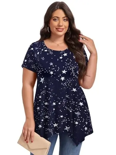 LARACE Kadın Büyük Beden Kısa Kollu Gömlekler Günlük Yazlık Asimetrik Tunik Bluzlar - 2