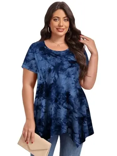 LARACE Short Sleeve Shirts for Womens Plus Size Tops Casual Summer Clothes Asymmetrical Tunic Blouses - 2