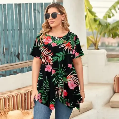 LARACE Short Sleeve Shirts for Womens Plus Size Tops Casual Summer Clothes Asymmetrical Tunic Blouses - 3