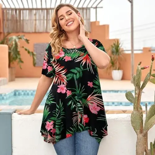 LARACE Short Sleeve Shirts for Womens Plus Size Tops Casual Summer Clothes Asymmetrical Tunic Blouses - 4