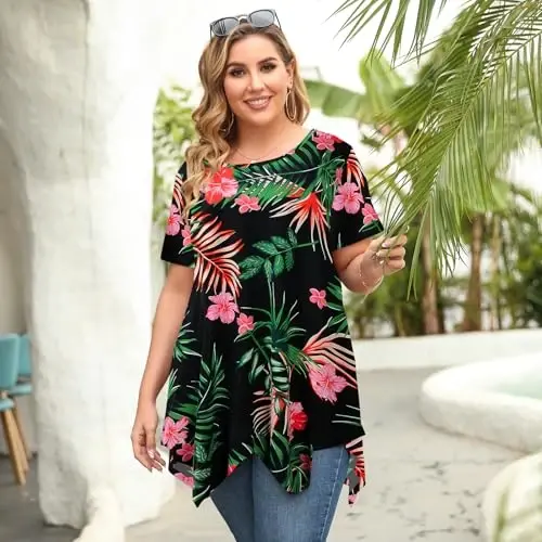 LARACE Short Sleeve Shirts for Womens Plus Size Tops Casual Summer Clothes Asymmetrical Tunic Blouses - 5