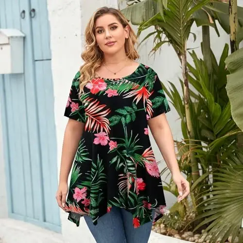 LARACE Short Sleeve Shirts for Womens Plus Size Tops Casual Summer Clothes Asymmetrical Tunic Blouses - LARACE (1)