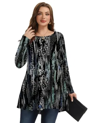 LARACE Kadın Büyük Beden Tunik Üstler Uzun Kollu Gömlekler Taytlar için Bol Kesim Dökümlü Kıyafetler - 4