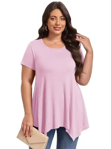LARACE Short Sleeve Shirts for Womens Plus Size Tops Casual Summer Clothes Asymmetrical Tunic Blouses - 2