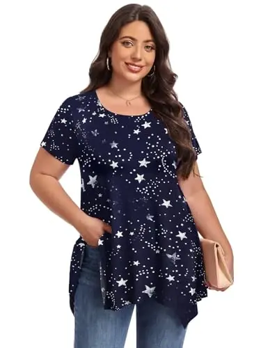 LARACE Short Sleeve Shirts for Womens Plus Size Tops Casual Summer Clothes Asymmetrical Tunic Blouses - 9