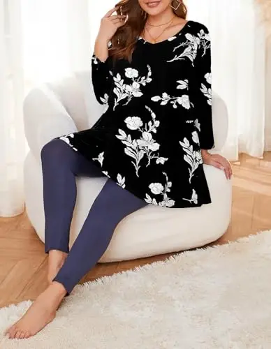 LARACE Tunics 3/4 Sleeve Plus Size Tops for Women V Neck Loose Fit Flowy Clothing for Leggings - 4