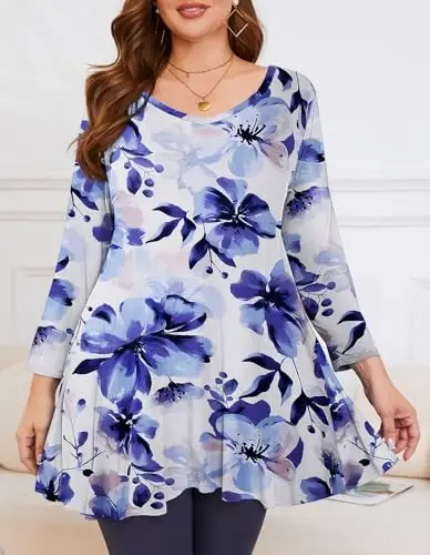 LARACE Tunics 3/4 Sleeve Plus Size Tops for Women V Neck Loose Fit Flowy Clothing for Leggings - LARACE (1)
