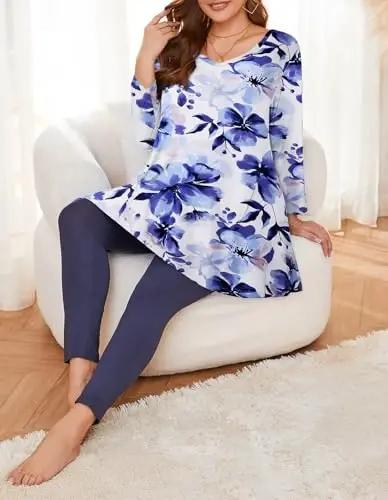 LARACE Tunics 3/4 Sleeve Plus Size Tops for Women V Neck Loose Fit Flowy Clothing for Leggings - 4