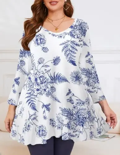 LARACE Tunics 3/4 Sleeve Plus Size Tops for Women V Neck Loose Fit Flowy Clothing for Leggings - 2