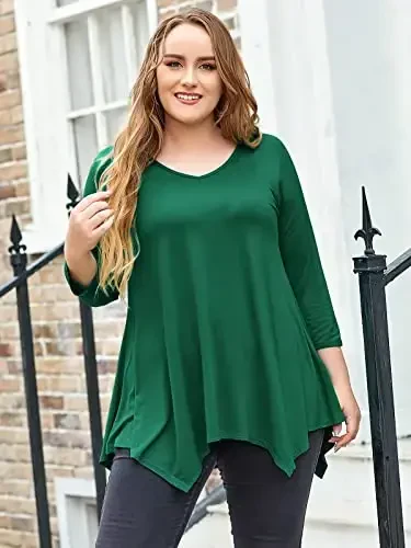 LARACE Plus Size Tops for Women Tunic Asymmetrical Dress Shirts 3/4 Sleeve V Neck Flowy Ladies Clothes for Leggings - 3