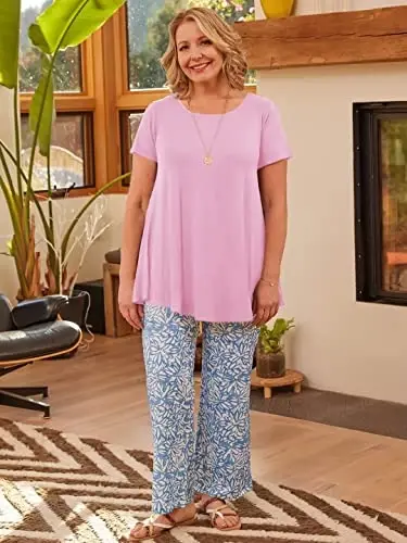 LARACE Plus Size Tops for Women Short Sleeve Shirts Casual Summer Clothes Round Neck Tunics for Leggings - 4