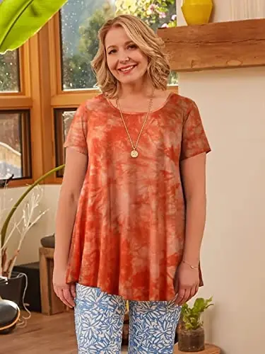 LARACE Plus Size Tops for Women Short Sleeve Shirts Casual Summer Clothes Round Neck Tunics for Leggings - 3