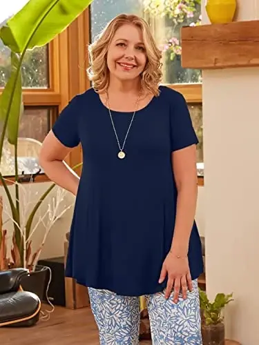 LARACE Plus Size Tops for Women Short Sleeve Shirts Casual Summer Clothes Round Neck Tunics for Leggings - MODAZONE (1)