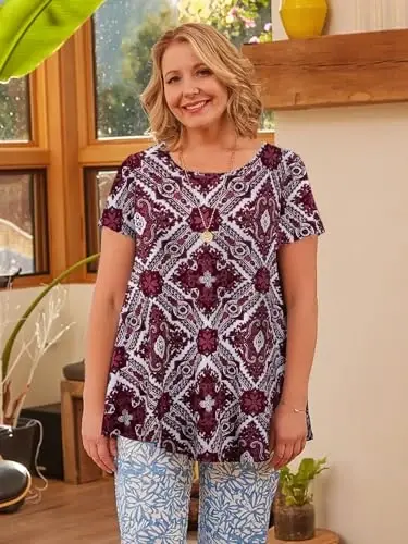 LARACE Plus Size Tops for Women Short Sleeve Shirts Casual Summer Clothes Round Neck Tunics for Leggings - 3