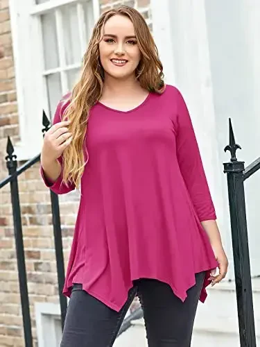 LARACE Plus Size Tops for Women Tunic Asymmetrical Dress Shirts 3/4 Sleeve V Neck Flowy Ladies Clothes for Leggings - 3