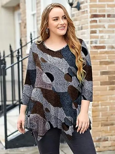 LARACE Plus Size Tops for Women Tunic Asymmetrical Dress Shirts 3/4 Sleeve V Neck Flowy Ladies Clothes for Leggings - 4