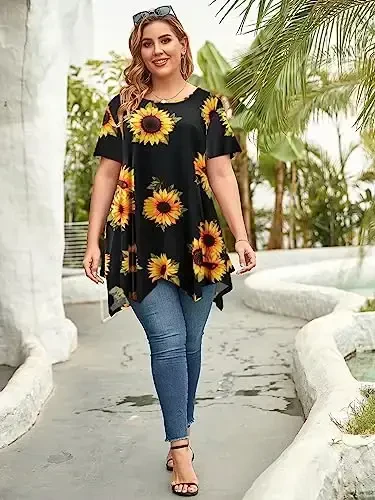 LARACE Short Sleeve Shirts for Womens Plus Size Tops Casual Summer Clothes Asymmetrical Tunic Blouses - 6