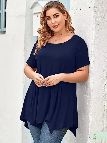 LARACE Short Sleeve Shirts for Womens Plus Size Tops Casual Summer Clothes Asymmetrical Tunic Blouses - 5