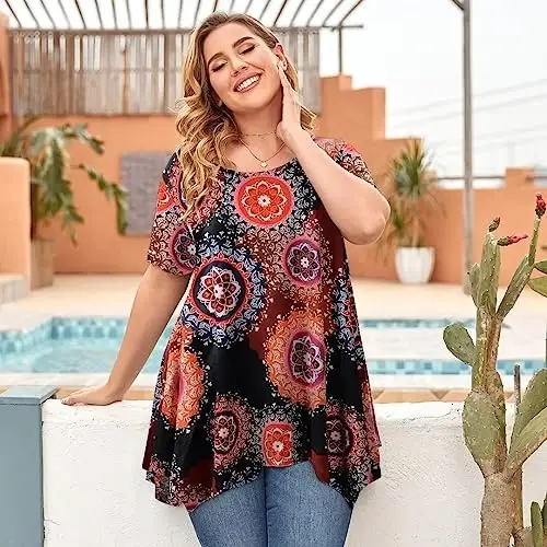 LARACE Short Sleeve Shirts for Womens Plus Size Tops Casual Summer Clothes Asymmetrical Tunic Blouses - 4
